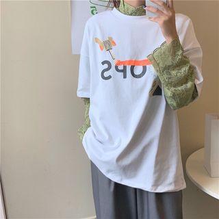 Long-sleeve Mock-neck Lace Top / Elbow-sleeve T-shirt