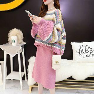 Set: Striped Loose-fit Sweater + Skirt