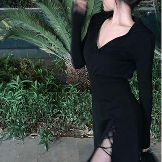 Long-sleeve V-neck Slit Knit Midi Sheath Dress Black - One Size