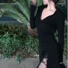 Long-sleeve V-neck Slit Knit Midi Sheath Dress Black - One Size