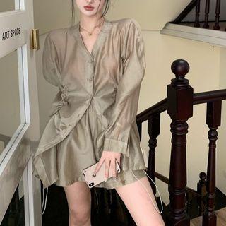 V-neck Drawstring Blouse / Wide Leg Shorts