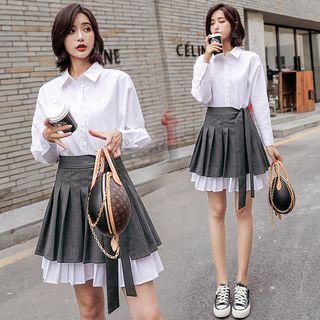 Set: Plain Long-sleeve Mini Shirtdress + Striped Mini A-line Skirt
