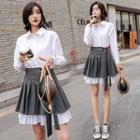 Set: Plain Long-sleeve Mini Shirtdress + Striped Mini A-line Skirt