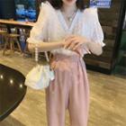 Set: Short-sleeve V-neck Lace Blouse + Dress Pants