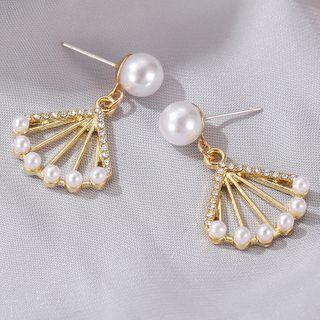 Faux Pearl Rhinestone Fan Dangle Earring 01#5406 - Gold - One Size