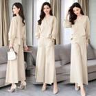 Set: V-neck Long-sleeve Top + Wide-leg Pants