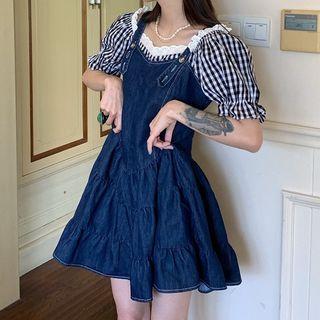 Short-sleeve Plaid Top / Denim Overall Dress
