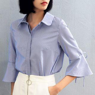 Pinstriped Bell-sleeve Cut-out Shirt