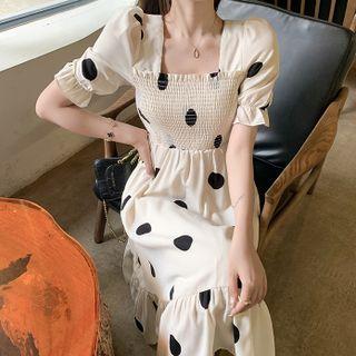 Square-neck Smocked Dotted Maxi Dress