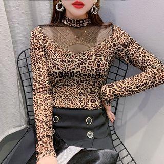 Long-sleeve Rhinestone Leopard Print T-shirt