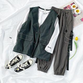 Letter Embroidered T-shirt / Contrast Stitching Button Vest / Harem Cargo Pants