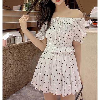 Puff-sleeve Heart Printed Top + Mini Skirt
