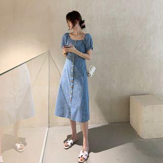 Puff-sleeve Button Denim Midi A-line Dress
