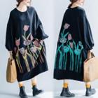 Flower Print Midi Pullover Dress Black - One Size
