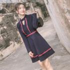 Cropped Color Block Flower Trim Long-sleeve Dress