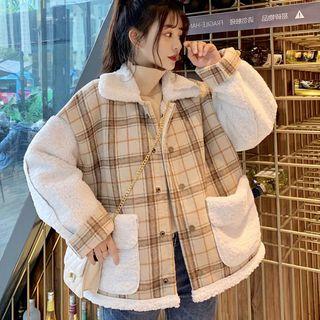 Faux Shearling Paneled Plaid Buttoned Jacket