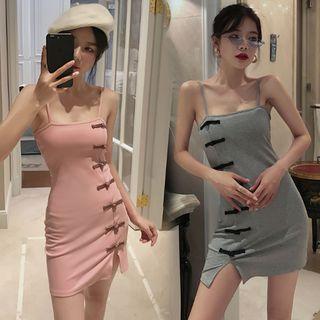 Spaghetti-strap Frog-button Mini Sheath Dress