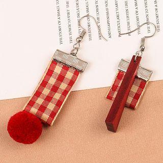 Plaid Pom Pom Wooden Bar Asymmetrical Fringed Earring