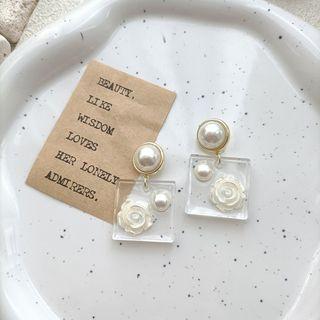Rose Faux Pearl Square Resin Dangle Earring