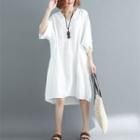 Plain Elbow-sleeve Drawstring Dress White - One Size