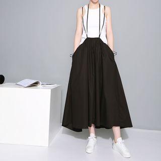 Midi A-line Skirt With Suspender Black - One Size