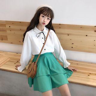 Long-sleeve Strap Shirt Top + High-waist Semi Skirt Set