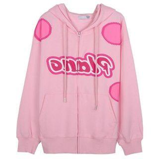 Long Sleeve Lettering Loose-fit Zip-up Hoodie