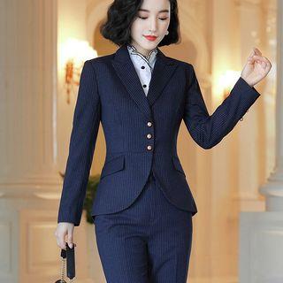 Ruffled Blouse / Pinstriped Dress Pants / Pinstriped Blazer / Set