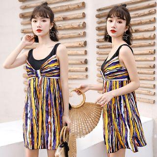 Striped Swimdress / Swim Goggles / Nose Clip / Ear Plugs / Swim Cap / Waterproof Mobile Pouch / Drawstring Organizer Bag / Set