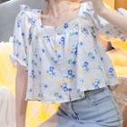 Short-sleeve Floral Print Blouse Blue & Yellow Floral - White - One Size