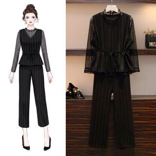 Set: Long-sleeve Lace Top + Striped Wide-leg Pants