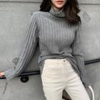 Turtleneck Rib-knit Sweater Gray - One Size