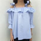 Puff Sleeve Ruffle Tie-shoulder Striped Blouse