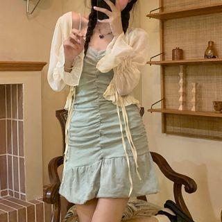 Puff-sleeve Chiffon Cardigan / Ruched Sheath Suspender Skirt