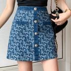High-waist Printed Denim Skirt