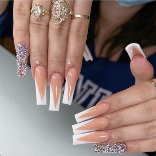 Contrast Trim Pointed Faux Nail Tips Z-262 - White & Tangerine - One Size