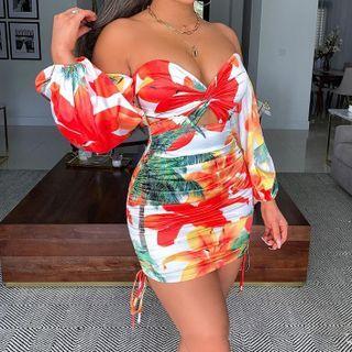 Loong-sleeve Floral Print Off-shoulder Mini Dress