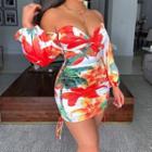 Loong-sleeve Floral Print Off-shoulder Mini Dress