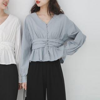 Long-sleeve Frill Trim Buttoned V-neck Blouse
