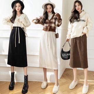 Drawstring Corduroy Midi A-line Skirt