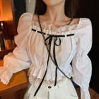 Bow-accent Square-neck Puff-sleeve Slim-fit Blouse