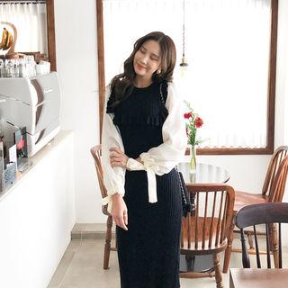 Tie-cuff Sleeve Frill-trim Knit Dress
