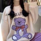 Long Sleeve Bear Embroidered Fleece Sweatshirt
