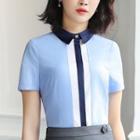 Short-sleeve Color Block Collared Top / Mini Pencil Skirt