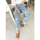 Band-waist Cuff-hem Distressed Wide-leg Jeans