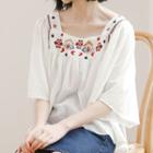 Embroidered Square Neck Chiffon Blouse White - One Size