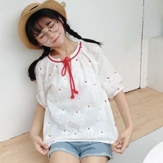 Tasseled Floral Print Elbow Sleeve Top