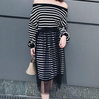 Set: Long-sleeve Shoulder-off T-shirt Dress + Sheer Midi Skirt