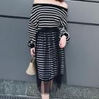 Set: Long-sleeve Shoulder-off T-shirt Dress + Sheer Midi Skirt