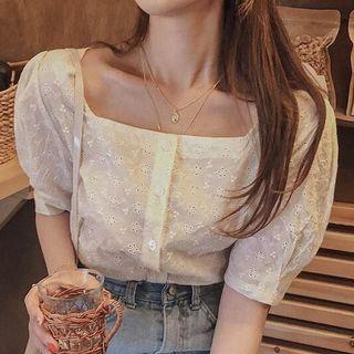 Puff-sleeve Eyelet Lace Drawstring Blouse Almond - One Size